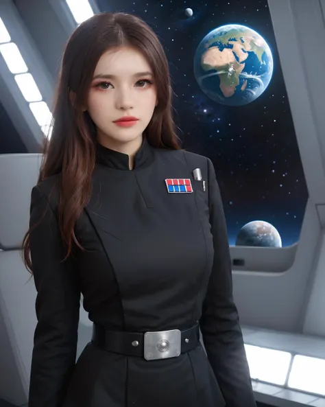 bangs, (sharpening, sharpening face):1.3, 1girl, solo, face viewer, looking at viewer, full body, cowboy shot, no nipples, makeup, red lips, long hair, realistic, (masterpiece:1.2, best quality, absurd res, ultra detailed),  Galactic Empire Fleet, Jaguar, ship cockpit, huge portholes, galaxies, planets, the Milky Way, Imperial officer wearing a black uniform,
<lora:SDXL lucia 000001:0.7> 
<lora:SDXL Imperial Officer è§¦å Imperial officer wearing a (color) uniform:0.8>