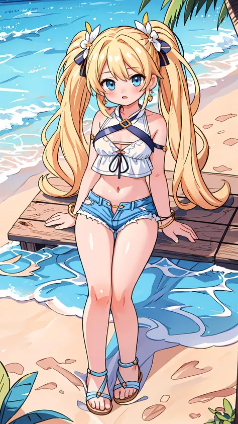 (((masterpiece))), ((best quality)), ((intricate detailed)), ((Hyper realistic)),
A beautiful girl stands on a summer beach,
Angle from head to thigh,sandals.
Blonde twintail long hair,light blue eyes, slender body
Large chest, narrow waist, denim shorts, thighs, long legs, white camisole,  <lora:micro_shorts_v0.6:1>