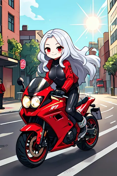 masterpiece, best quality, 1girl, chibi, riding motorcycle, smile, speed, motion lines, silver hair, red eyes, forehead, long hair, wavy hair, smile, solo, red jacket, black pants, medium breasts, biker suit, street, sky, jump, lens flare, sunny, small breasts