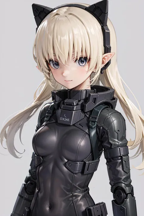 best quality,masterpiece,1girl,solo,solo focus,<lora:Ae1:0.6:lbw=OUTALL>,Aexia,grey eyes,blonde hair,long hair,pointy ears,Mechanical ear,Mechanical cat ear,white gloves,suit,pilot suit,
looking at viewer,upper body,simple background,smile,