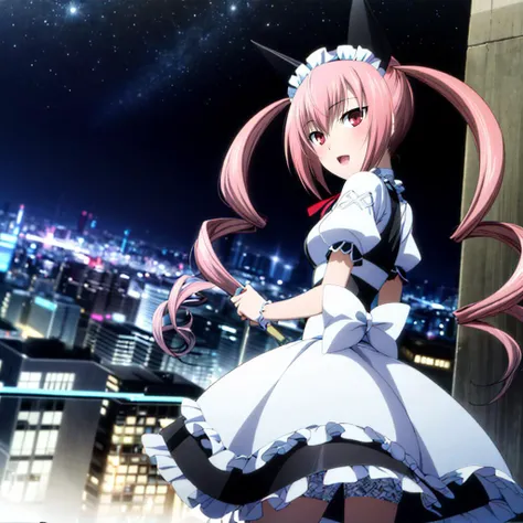 <lora:FarisNyanNyan009:0.6>,<lora:add_detail:1>,<lora:boldline:-0.8>,<lora:noline:0.3>,looking back,
AkihaRumiho,1girl,twintails,twin drills,long hair,pink eyes,solo,pink hair,
maid,
starry_sky,city,night,outdoors,