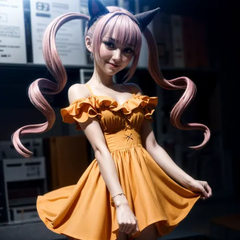 <lora:FarisNyanNyan009:0.5>,<lora:add_detail:1>,<lora:boldline:-0.8>,<lora:noline:0.3>,(looking at viewer:1.2),smile,
AkihaRumiho,1girl,twintails,twin drills,long hair,pink eyes,solo,pink hair,
(yellow dress:1.4),shorts,