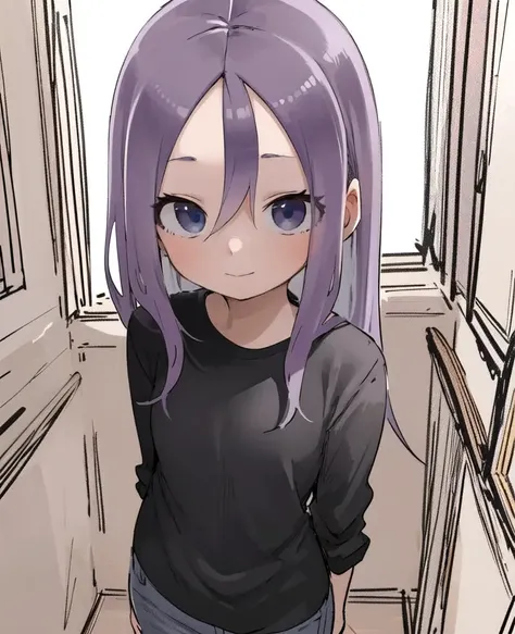 sketch, 1girl, solo, purple hair, blue eyes, black shirt, standing, white background <lora:YamamotoSouichirou-000049:1>
