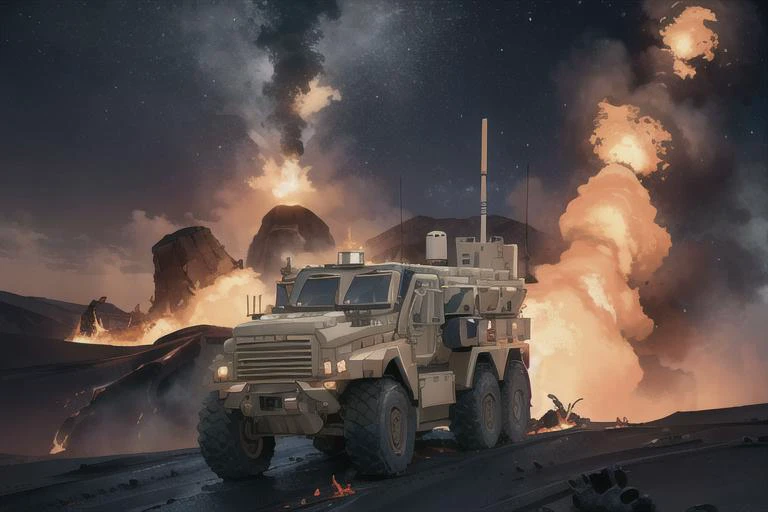 analog (gloomy) (close up shot) photo of a ((6x6 MRAP, <lora:mr4p:1>)), (surrounded by fire and lava (at night)), ((nighttime)), volcanic eruption:1.0, sparks, High Detail, Sharp focus, (photorealism), realistic, best quality, 8k, award winning, dramatic lighting, epic, cinematic, masterpiece, rim light, ambient fog:1.3, dutch angle, low angle view, depth of field, rally photography, disaster ,