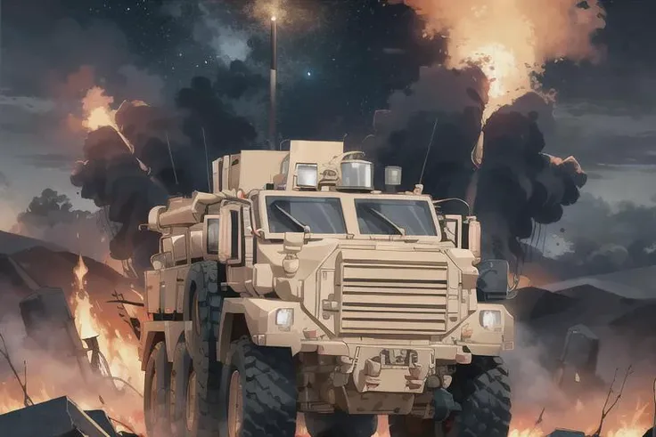 analog (gloomy) (close up shot) photo of a ((6x6 MRAP, <lora:mr4p:1>)), (surrounded by fire and lava (at night)), ((nighttime)), volcanic eruption:1.0, sparks, High Detail, Sharp focus, (photorealism), realistic, best quality, 8k, award winning, dramatic lighting, epic, cinematic, masterpiece, rim light, ambient fog:1.3, dutch angle, low angle view, depth of field, rally photography, disaster ,