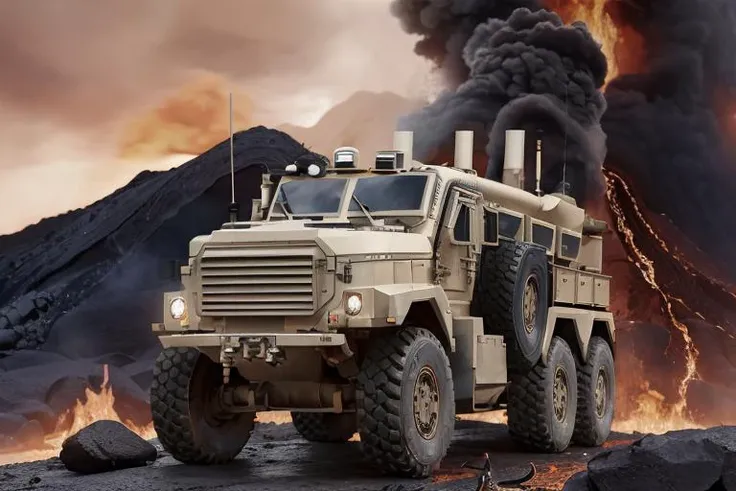 analog (gloomy) (close up shot) photo of a ((6x6 MRAP, <lora:mr4p:1>)), (surrounded by fire and lava (at night)), ((nighttime)), volcanic eruption:1.0, sparks, High Detail, Sharp focus, (photorealism), realistic, best quality, 8k, award winning, dramatic lighting, epic, cinematic, masterpiece, rim light, ambient fog:1.3, dutch angle, low angle view, depth of field, rally photography, disaster ,