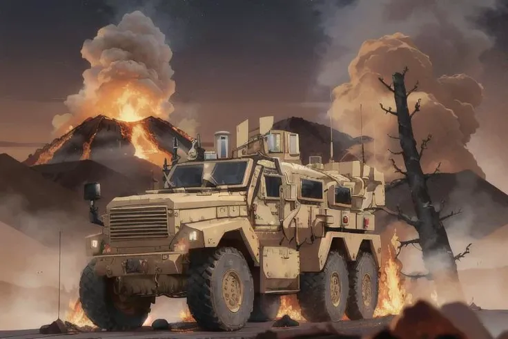 analog (gloomy) (close up shot) photo of a ((6x6 MRAP, <lora:mr4p:1>)), (surrounded by fire and lava (at night)), ((nighttime)), volcanic eruption:1.0, sparks, High Detail, Sharp focus, (photorealism), realistic, best quality, 8k, award winning, dramatic lighting, epic, cinematic, masterpiece, rim light, ambient fog:1.3, dutch angle, low angle view, depth of field, rally photography, disaster ,