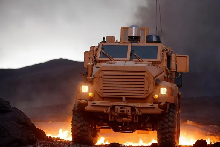 analog gloomy (close up shot) photo of a (6x6 MRAP,  <lora:mr4p:1>), (escaping from fire and lava (at night)), volcano eruption, ((at night)), (horror movie), ((nighttime)), raining fire, (midnight), (surrounded by lava:1.2), apocalyptic, High Detail, Sharp focus, (photorealism), realistic, best quality, 8k, award winning, dramatic lighting, epic, cinematic, masterpiece, backlit, rim light, ambient fog:1.5, dutch angle, low angle view, depth of field,
