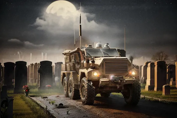 analog gloomy (close up) photo of a 6x6 MRAP, <lora:mr4p:1>, ((in a cemetery)), ((at night)), heavy rain, (horror movie), ((nighttime)), ruins, ((midnight)), ((vampire movie)), crescent moon, victorian church ruins in the background, High Detail, Sharp focus, (photorealism), realistic, best quality, 8k, award winning, dramatic lighting, epic, cinematic, masterpiece, backlit, rim light, ambient fog:1.5,
