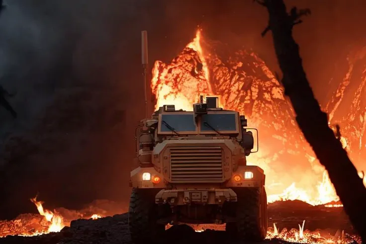 analog gloomy (close up shot) photo of a (6x6 MRAP, <lora:mr4p:1>), (escaping from fire and lava (at night)), volcano eruuption, ((at night)), (horror ), ((nighttime)), (midnight), (surrounded by lava:1.2), apocalyptic, High Detail, Sharp focus, (photorealism), realistic, best quality, 8k, award winning, dramatic lighting, epic, cinematic, masterpiece, backlit, rim light, ambient fog:1.5, dutch angle, low angle view, depth of field,