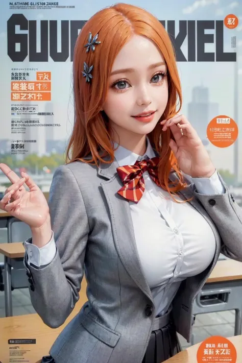 masterpiece*portrait, realistic, 3d face, lustrous skin,ik1, 1girl, ((Orihimesomakjskirt, orange hair, shirt, long sleeves, school uniform, jacket, white shirt,collared shirt, bowtie, red bow,blazer, red bowtie, grey jacket)),smile,close up,outdoor,((classroom))