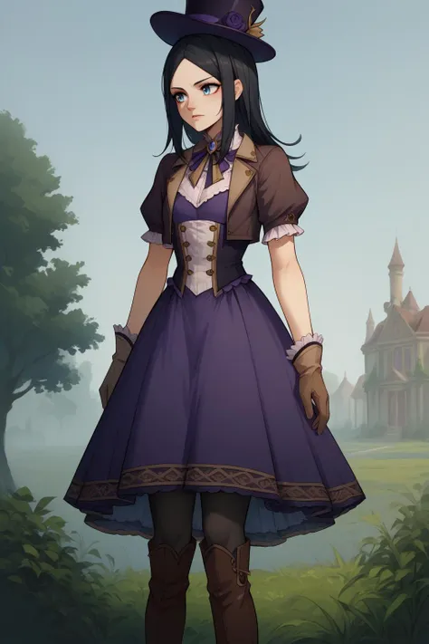 score_9, score_8_up, 1girl, solo,  <lora:LuchikaPDXL_V1-Manityro-CAME:1> Luchika, blue eyes, long hair, black hair, purple top hat, purple dress, black pantyhose, knee-high boots, brown boots, brown gloves, Victorian, outdoors, brown jacket, cropped jacket, short sleeves