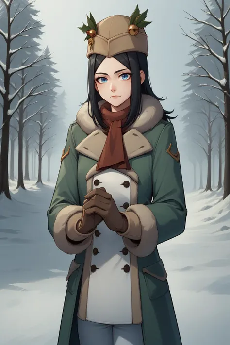 score_9, score_8_up, 1girl, solo,  <lora:LuchikaPDXL_V1-Manityro-CAME:1> Luchika, blue eyes, long hair, black hair, green coat, fur coat, ushanka hat, blank pants, brown gloves, winter, snow