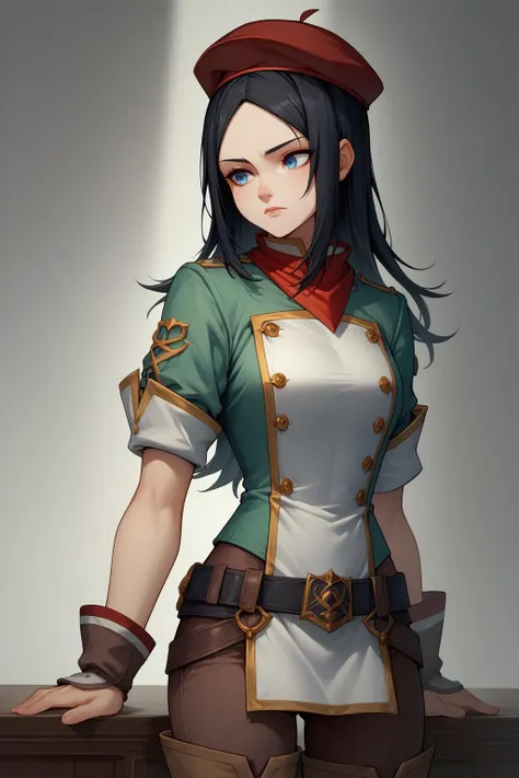 score_9, score_8_up, 1girl, solo,  <lora:LuchikaPDXL_V1-Manityro-CAME:0.8> Luchika, blue eyes, long hair, black hair, red beret, red bandana, hip vent, breastplate , thigh-high boots, belt, brown pants, green jacket, rolled sleeves, short sleeves