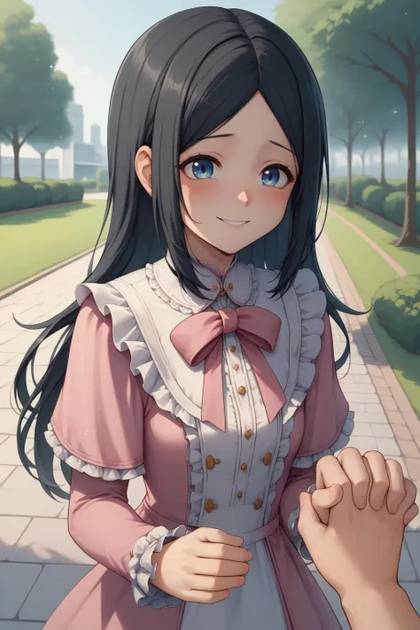 score_9, score_8_up, 1girl, solo,  <lora:LuchikaPDXL_V1-Manityro-CAME:0.5> Luchika, blue eyes, long hair, black hair, POV, holding hands, pink dress, frills, ribbons, shy, smile, interlocked fingers, outdoors, park