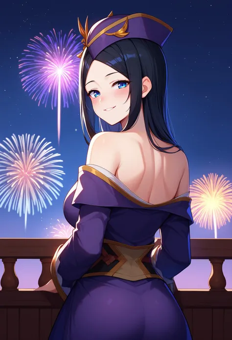 score_9, score_8_up, score_7_up, BREAK 1girl, solo, Luchika, blue eyes, long hair, black hair, <lora:LuchikaPDXL_V1-Manityro-CAME:1.0>, outdoors, fireworks, night sky, starry sky, dark, night,
looking at viewer, blush, smile, looking back, from behind,
military cap, purple kimono, off shoulder, back,