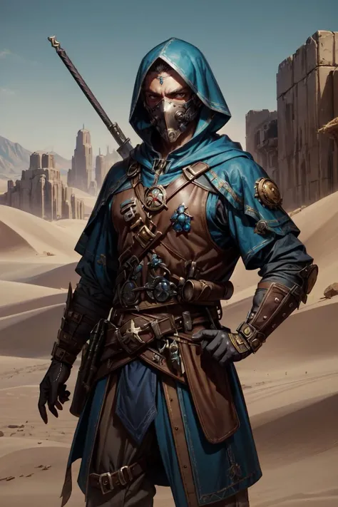 Cowboy Shot,best quality, masterpiece, <lora:more_details:0.3>,<lyco:GoodHands-beta2:1>,(Combat pose:1.2),<lora:Laedar-10:0.8> Laedar, black_skin, man medieval thief with hood, brown clothes steampunk mask, blue hand,  perfect hands,  (desert background:1.0), cinematic pose