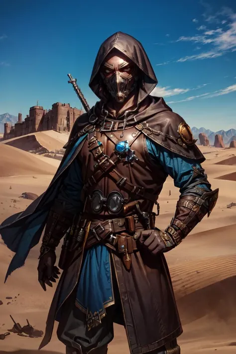 Cowboy Shot,best quality, masterpiece, <lora:more_details:0.3>,<lyco:GoodHands-beta2:1>,(Combat pose:1.2),<lora:Laedar-10:0.8> Laedar, black_skin, man medieval thief with hood, brown clothes steampunk mask, blue hand, perfect hands, (desert background:1.0), cinematic pose