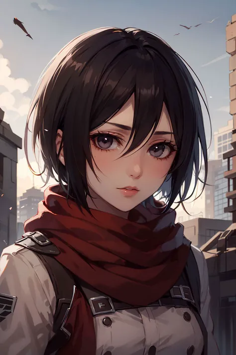 masterpiece,best quality,1girl,mikasa_ackerman,Red scarf,sky,gloomy,Combat posture,sinister gang,butyric,Minimalism,Impact art,ruins,black eyes,<lora:sanli_v1.1:0.7>,close up