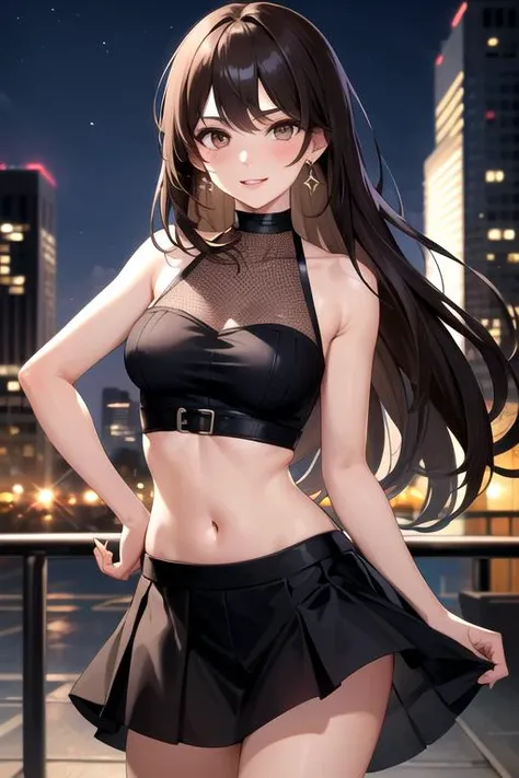 Masterpiece, absurdres, excited, best quality, edgSDress, 1girl, solo, long hair, looking at viewer, skirt, brown hair, brown eyes, jewelry, earrings,  miniskirt, crop top, lips, wearing edgSDress, city background <lora:edgSDress:0.5>