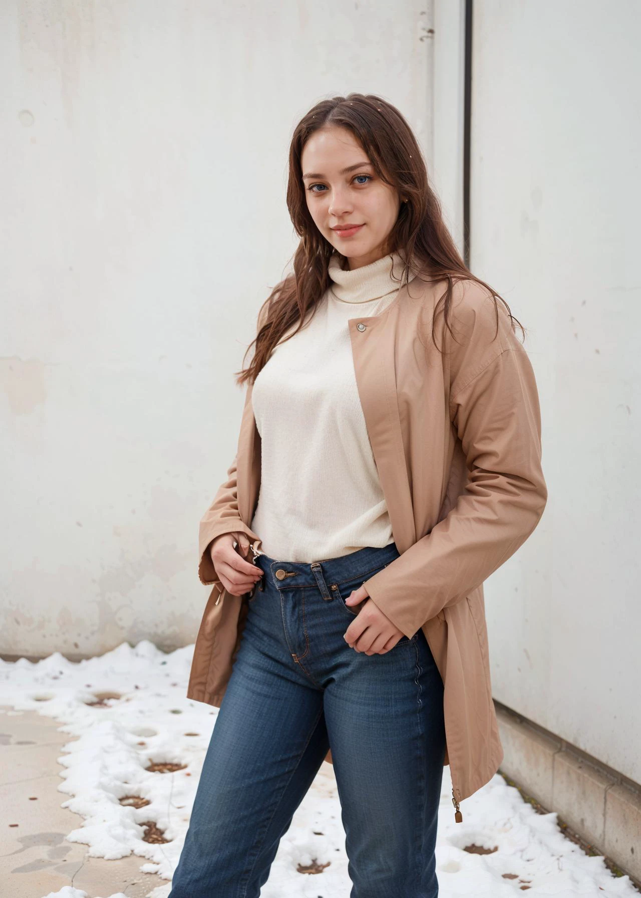 <lora:epi_noiseoffset2, dark studio, rim lighting, two tone lighting:0.3> (full body shot, rim lighting), sfw,
BREAK
<lora:m4ry, blue eyes, ponytail, brown hair:0.7> m4ry, blue eyes, 1girl, long hair, brown hair, female focus, smile, looking at viewer, coat, turtleneck, jeans, posing for photo, standing, fur boots,
<lora:edgSDress_retrained:1>
<lora:weight_slider_v2:0.4>
<lora:epiCRealismHelper:0.4>
<lora:detail_slider_v4:1>
BREAK
winter, street, snow,