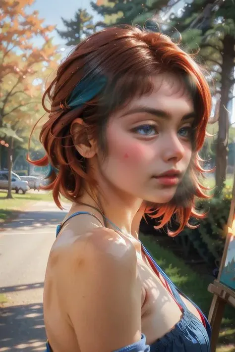 Élodie Dubois, french woman, wearing a blue dress, neon red hair hair, painting in park, artist's easel, colorful palette, trees in background, creative expression, vibrant colors, artistic flair, outdoor setting, sunny weather, casual attire, highly detailed photo, sharp details, realistic, 4K, RAW photo
Nikon Z5 Mirrorless Camera, Low-angle shot
diligent detail
<lora:details ++:0.8> Details++
<lora:frd:0.8> beautiful frd_woman, perfect frd_face
<lora:edgSDress_retrained:0.8> wearing edgSDress