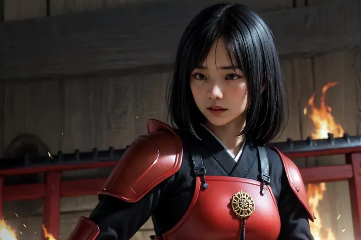 ayako, ryu ga gotoku, yakuza, {a girl in japanese armor, long black hair and stunning beauty}, wielding a weapon, fine katana, across a small village engulfed in flames, (((fighting against samurai soldiers in red armor))), cloudy sky, (dark colors and ambience), (masterpiece, best quality:1.5), extremely detailed, high resolution, 8k udh unity wallpaper, <lora:Ayako:0.8>