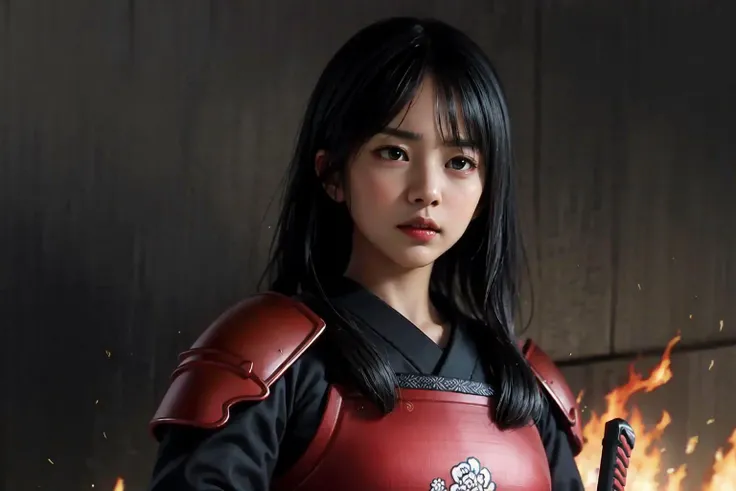 ayako, ryu ga gotoku, yakuza, {a girl in japanese armor, long black hair and stunning beauty}, wielding a weapon, fine katana, across a small village engulfed in flames, (((fighting against samurai soldiers in red armor))), cloudy sky, (dark colors and ambience), (masterpiece, best quality:1.5), extremely detailed, high resolution, 8k udh unity wallpaper, <lora:Ayako:0.8>