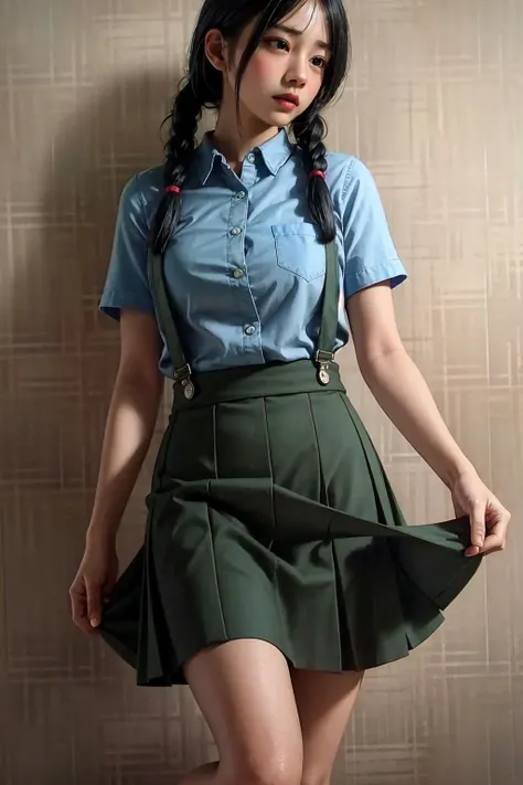 1girl, solo, ayako, ryu ga gotoku, yakuza, black hair, twin braids, hair over shoulder, blue shirt, stuffed shoulders, short sleeve, (green skirt with suspenders:1.35), patterned skirt, long skirt, socks, shoes, in the streets of Okinawa, cute, beautiful, (masterpiece, best quality:1.5), (extremely detailed, high resolution, 8k udh unity wallpaper:1.5), <lora:Ayako:0.8>