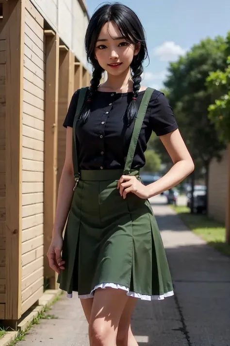 1girl, solo, ayako, ryu ga gotoku, yakuza, (black hair, twin braids, hair over shoulder:1.45), blue shirt, stuffed shoulders, short sleeve, (green skirt with suspenders:1.35), patterned skirt, long skirt, socks, shoes, outdoors, in the streets of Okinawa, cute, beautiful, looking at viewer, smile, laugh,(masterpiece, best quality:1.5), (extremely detailed, high resolution, 8k udh unity wallpaper:1.5), <lora:Ayako:0.8>