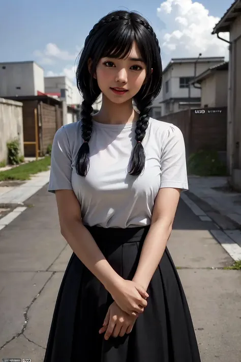 1girl, solo, ayako, ryu ga gotoku, yakuza, (black hair, bangs, long hair, braid, twin braids, hair over shoulders:1.45), blue shirt, stuffed shoulders, short sleeve, (colored skirt, long skirt:1.35), socks, shoes, outdoors, in the streets of Okinawa, realistic, cute, beautiful, looking at viewer, smile, laugh,(masterpiece, best quality:1.5), (extremely detailed, high resolution, 8k uhd unity wallpaper:1.5), <lora:Ayako:0.8>