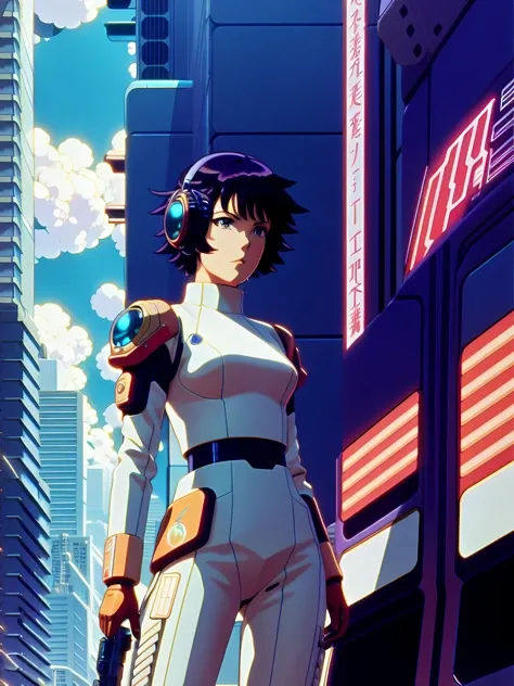 ghost in the shell in the style of 90's vintage anime, robotics, scifi, futuristic, surrealism, akira style, advance suit, detailed line art, fine details, greg rutkowski makoto shinkai kyoto animation key art feminine eye-level shot