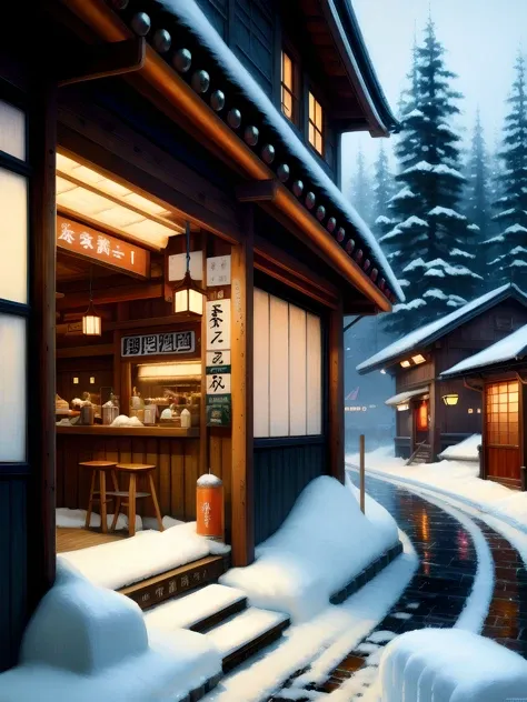 (extremely detailed CG unity 8k wallpaper), full shot photo of the most beautiful artwork of a japanese ramen shop, snow falling, food porn, steamy, nostalgia, professional majestic oil painting by Ed Blinkey, Atey Ghailan, Studio Ghibli, by Jeremy Mann, Greg Manchess, Antonio Moro, trending on ArtStation, trending on CGSociety, Intricate, High Detail, Sharp focus, dramatic, photorealistic painting art by midjourney and greg rutkowski