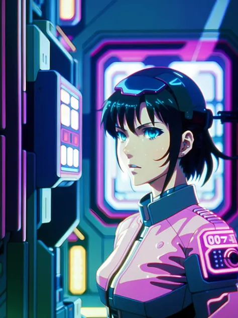 Shot Angles - eye-level shot, ghost in the shell in the style of 90's vintage anime, robotics, scifi, futuristic, surrealism, akira style. detailed line art. fine details. greg rutkowski makoto shinkai kyoto animation key art feminine mid shot