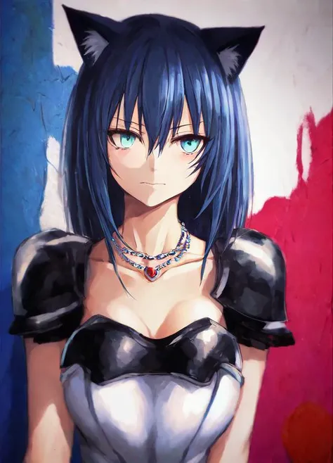 by k-suwabe, necklace, closed mouth, collarbone, long hair, dark blue hair, looking at viewer, short hair, simple background, , solo, club lighting, cold, dark, graffiti style, upper body, traditional media, dark spiral eyes , 1girl, armor, cat ears