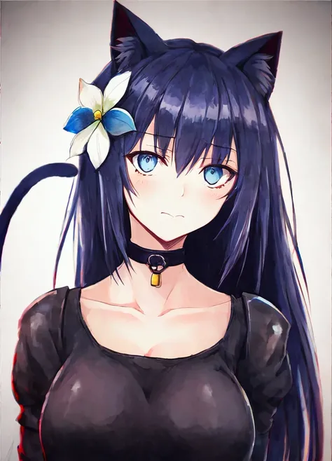 by k-suwabe, hair flower, choker, closed mouth, collarbone, long hair, dark blue hair, looking at viewer, short hair, simple background, , solo, club lighting, cold, dark, graffiti style, upper body, traditional media, dark spiral eyes , 1girl, armor, cat ears, ink