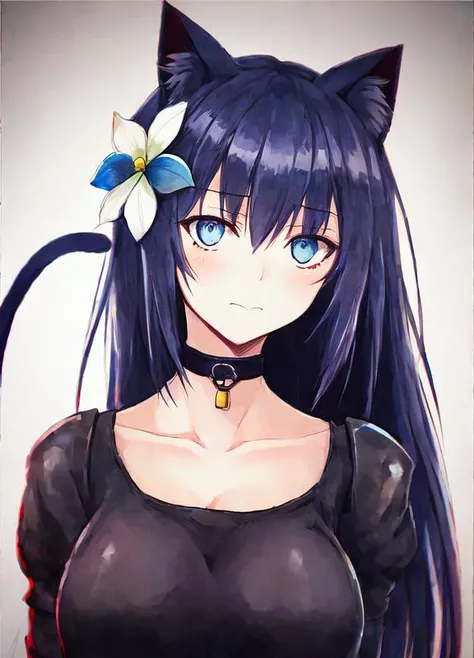 by k-suwabe, hair flower, choker, closed mouth, collarbone, long hair, dark blue hair, looking at viewer, short hair, simple background, , solo, club lighting, cold, dark, graffiti style, upper body, traditional media, dark spiral eyes , 1girl, armor, cat ears, ink