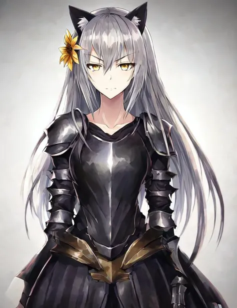 1girl, armor, grey cat ears, vivid colors, by k-suwabe, hair flower, closed mouth, collarbone, long hair, dark silver hair, looking at viewer, short hair, simple background, , solo, cold, hatred, dark, dark gold eyes, eyebrows showing through hair