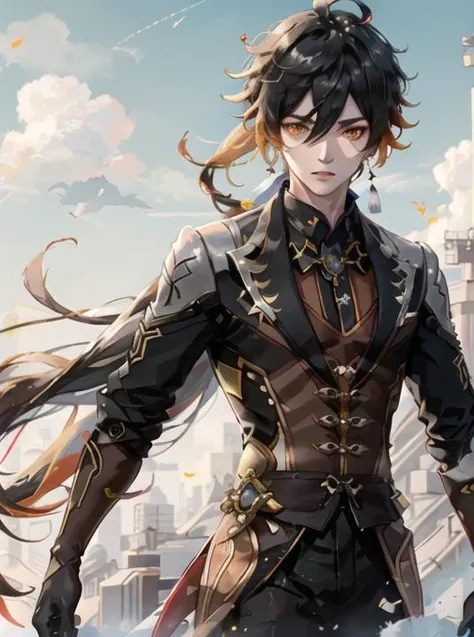 zhongli (genshin impact), male focus, jewelry, long hair, 1boy, solo, earrings, bangs, gloves, ponytail, black gloves, multicolored hair, brown hair, hair between eyes, single earring, thumb ring, jacket, tassel earrings, long sleeves, tassel, looking at viewer, cloud, yellow eyes,gradient hair, suit, black hair, cloudy sky <lora:Zhongli:0.7>