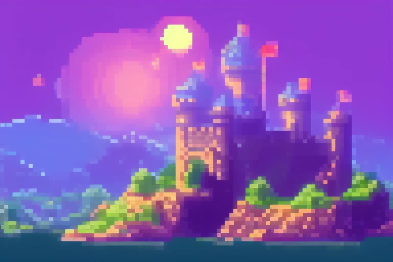 fantasy landscape, castle, game background, pixel art