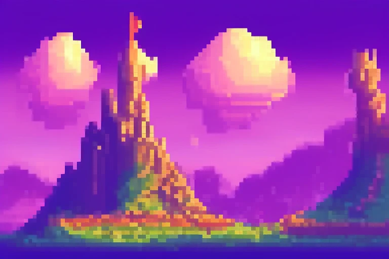 fantasy landscape, castle, game background, pixel art