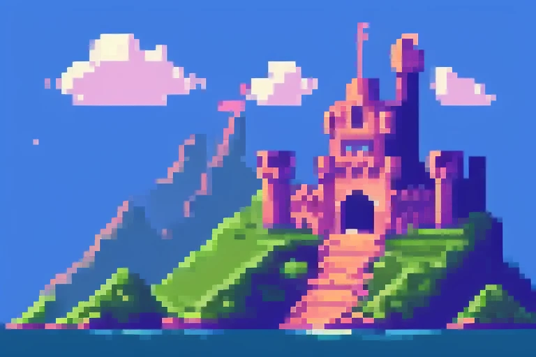 fantasy landscape, castle, game background, pixel art