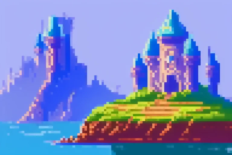 fantasy landscape, castle, game background, pixel art