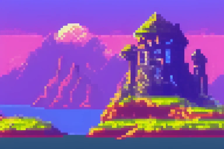 fantasy landscape, castle, game background, pixel art