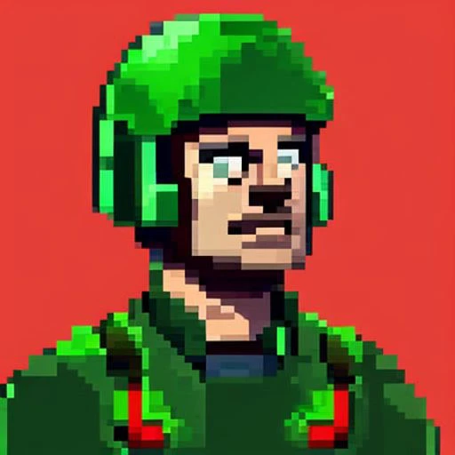 a soviet soldier character in green camouflage, weared helmet and armor, sci-fi, retrofuturism, game asset, 2d, 16 bit, pixelart, gamedev, pixelsprite