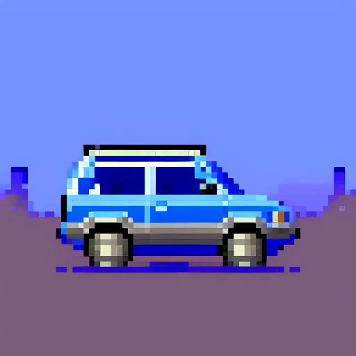 a 16bit pixel style blue offroad car, side view, suv, pixelart, gamedev. game asset, pixelsprite, no background