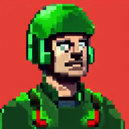 a soviet soldier character in green camouflage, weared helmet and armor, sci-fi, retrofuturism, game asset, 2d, 16 bit, pixelart, gamedev, pixelsprite