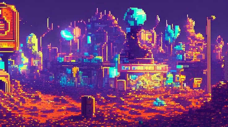 futuristic abandoned city landscape, pale colors, 16 bit style, pixelart, gamedev, game asset background