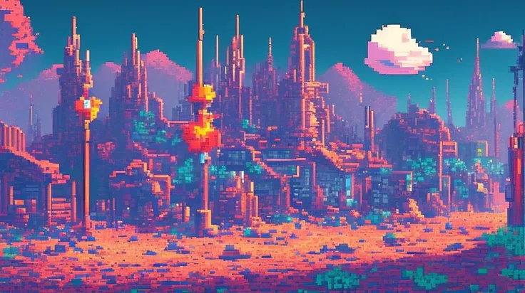 futuristic abandoned city landscape, pale colors, 16 bit style, pixelart, gamedev, game asset background