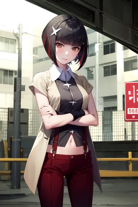 1girl, looking at viewer, solo,
kagenuiyozuru, short hair, bob cut, bangs, multicolored hair, red hair, black hair, streaked hair, brown eyes, star hair ornament, navel,
shirt, red pants, wristband, jacket, short sleeves, suspenders,
cowboy shot, standing, crossed arms, daylight, japan, street, street signs,
<lora:kagenui-yozuru:1>